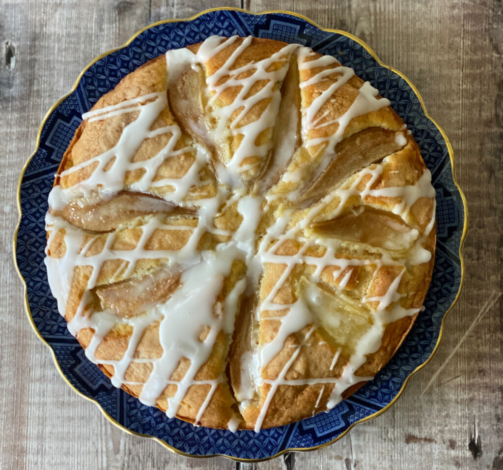 Easy Pear and Ginger Cake served on a Blue Willow china plate