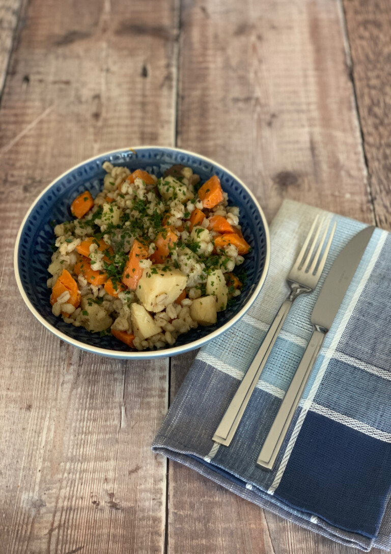 Old Fashioned Vegetable and Barley Stew served in a bowl