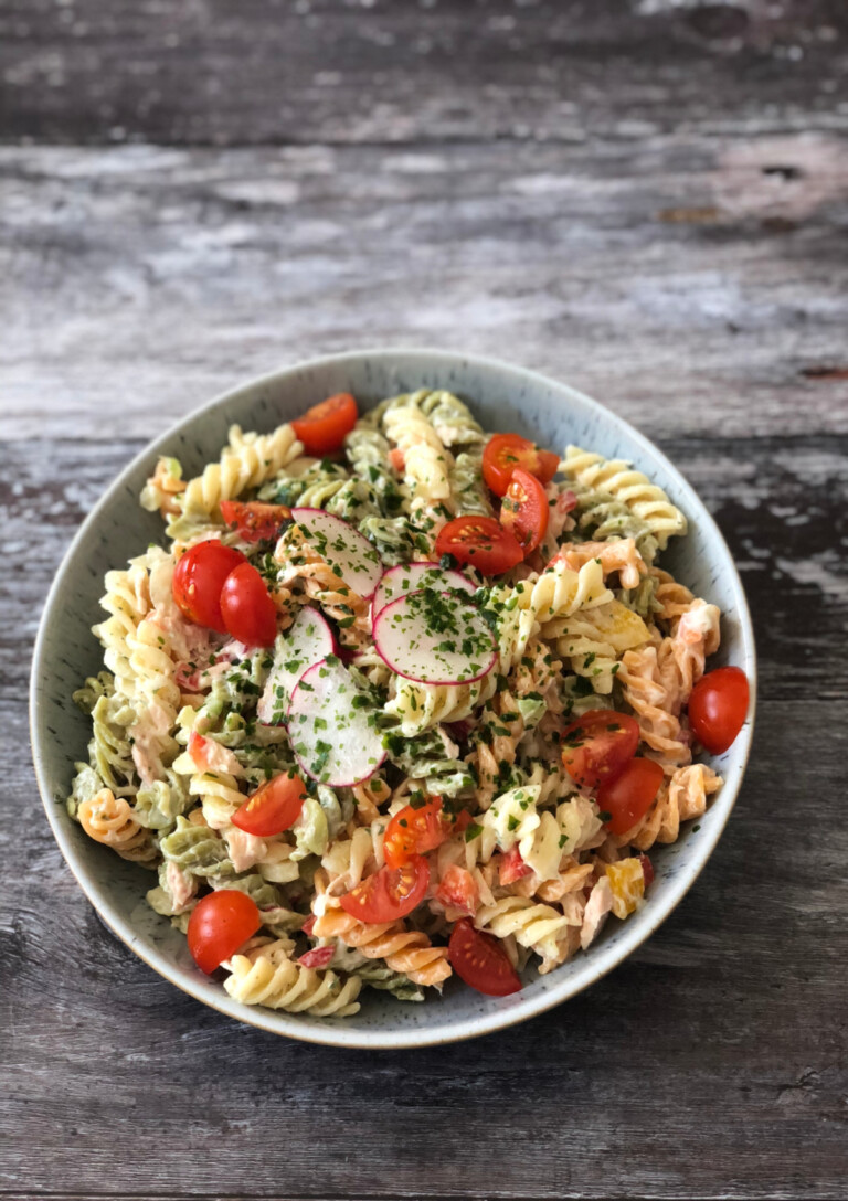 Tuna Pasta Salad served in a blue bowl