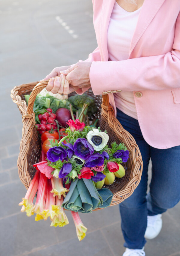 July Edition of Hearth and Soul - a basket full of produce and flowers