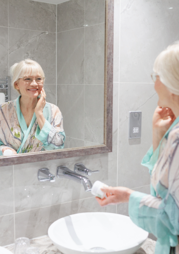 April J Harris reflected in a mirror. She is wearing a pastel dressing gown and applying moisturiser - Fall 2025 Beauty Tips