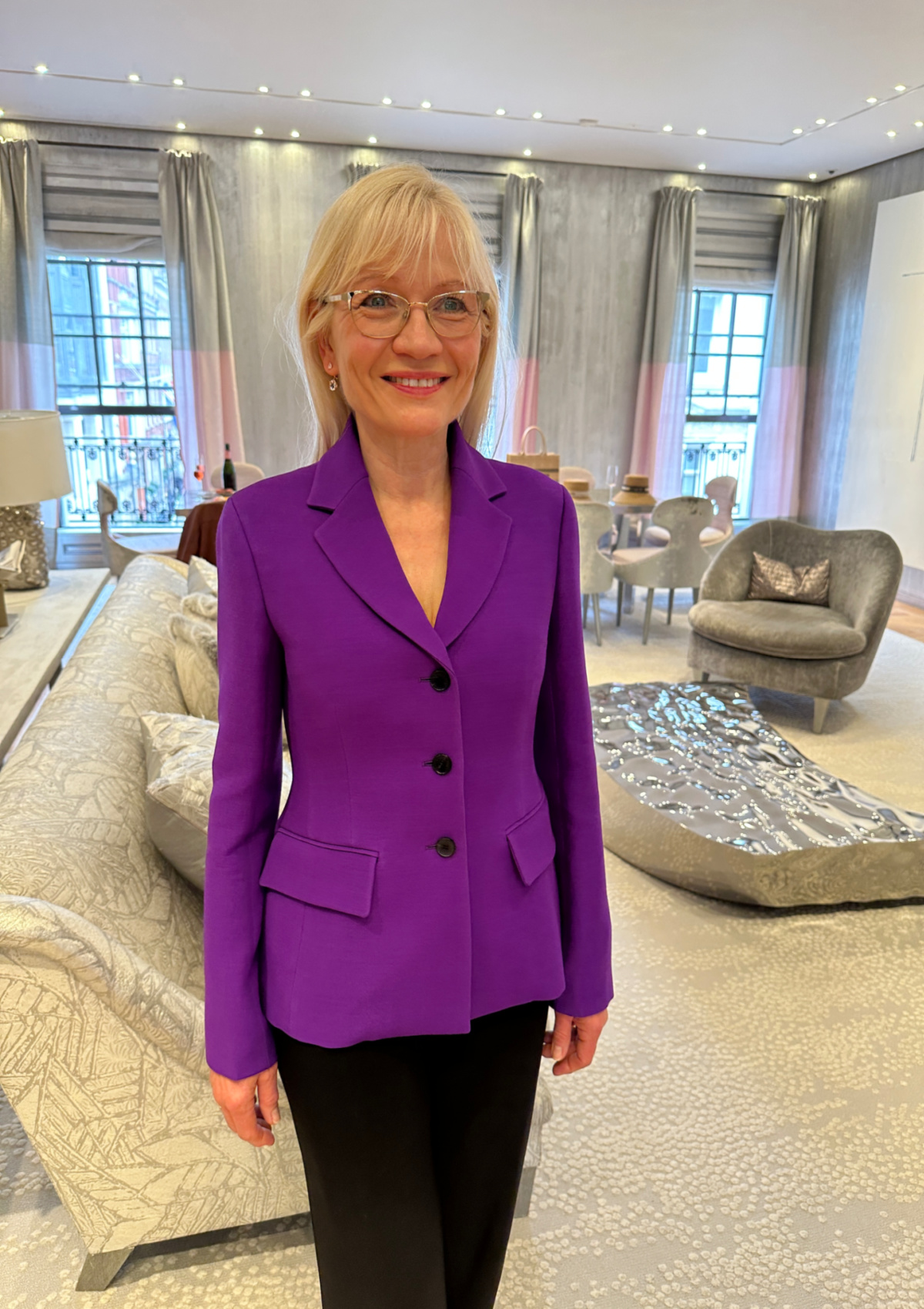 Adding colour to your wardrobe - April Harris wearing a purple Dior Bar Jacket