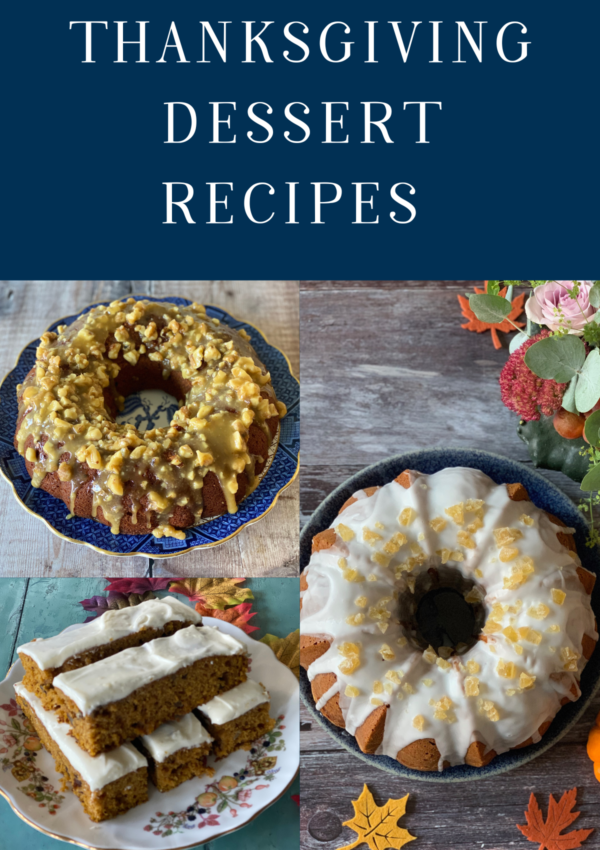 3 Thanksgiving Dessert Recipes including 2 Bundt Cakes and some slices of sheet cake