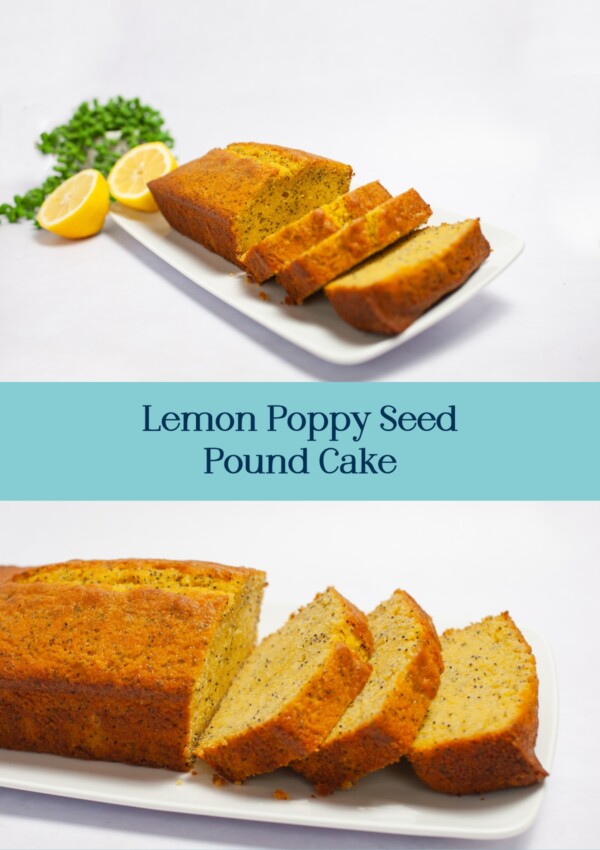 Two photographs of Lemon Poppy Seed Cake served on a plate