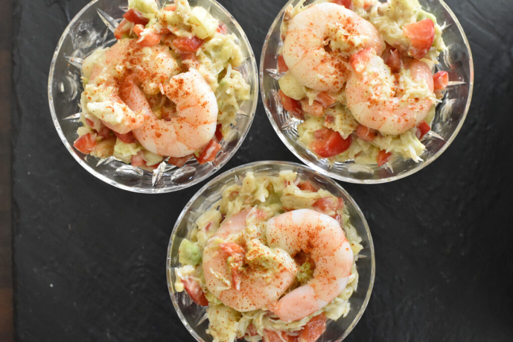 Shrimp and Crab Appetizer Salad in crystal glasses pictured from the top