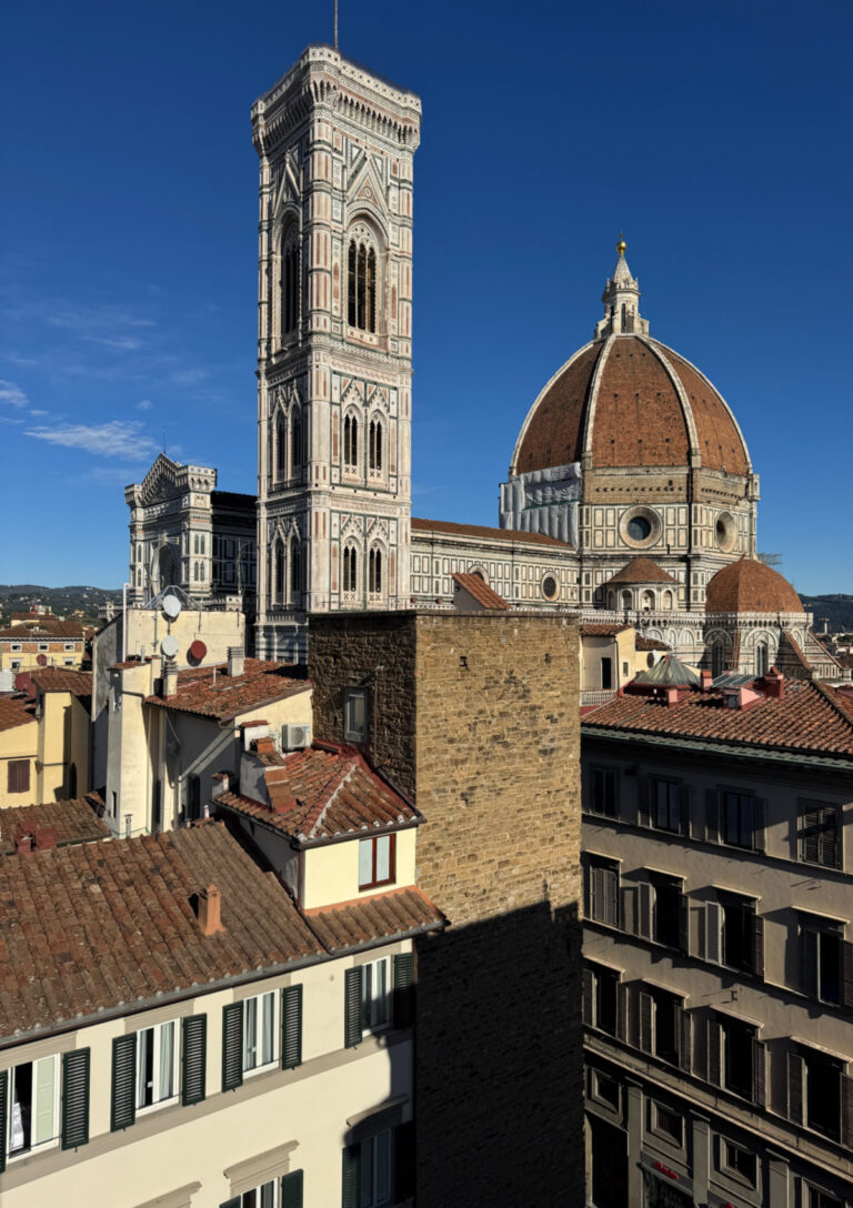 A view from a balcony over the rooftops to the Duomo in Florence
