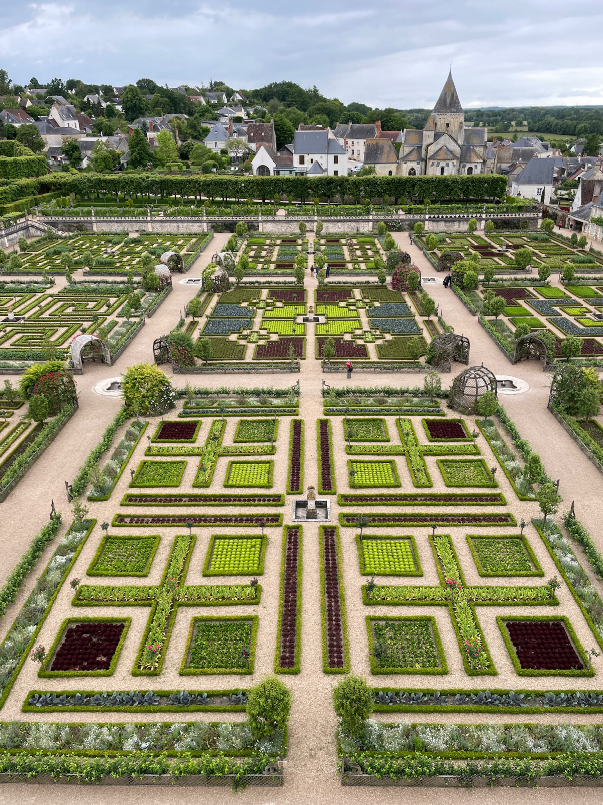 An view from above of one of the gardens at the Château de Villandry