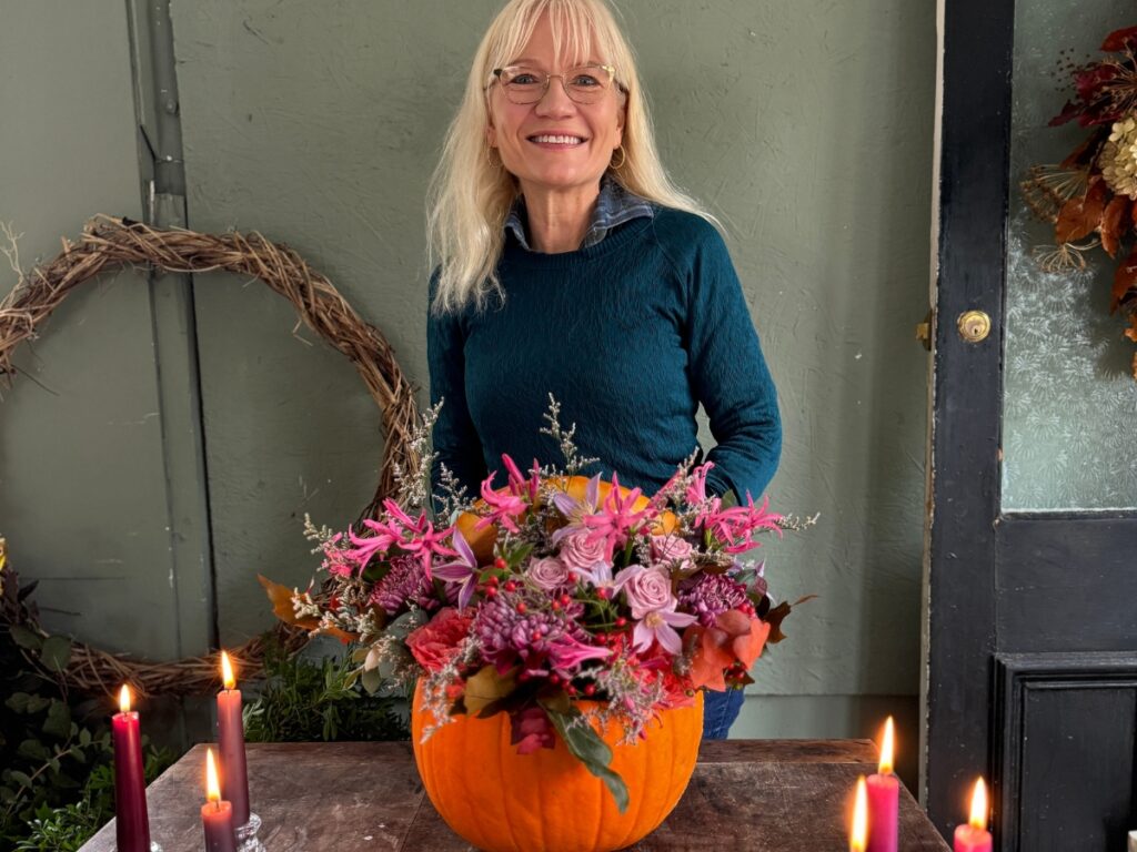 April with a pumpkin floral arrangement - fall decorating ideas