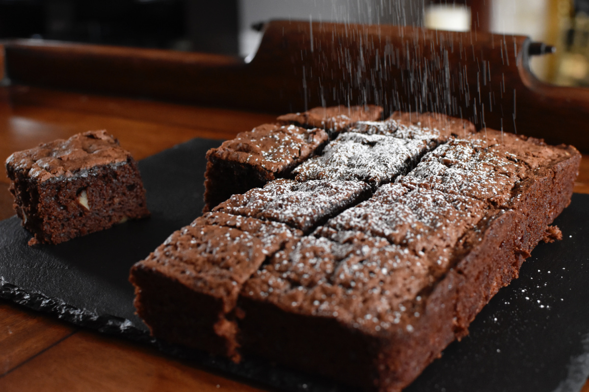 Applesauce Pecan Brownies on a slate tray