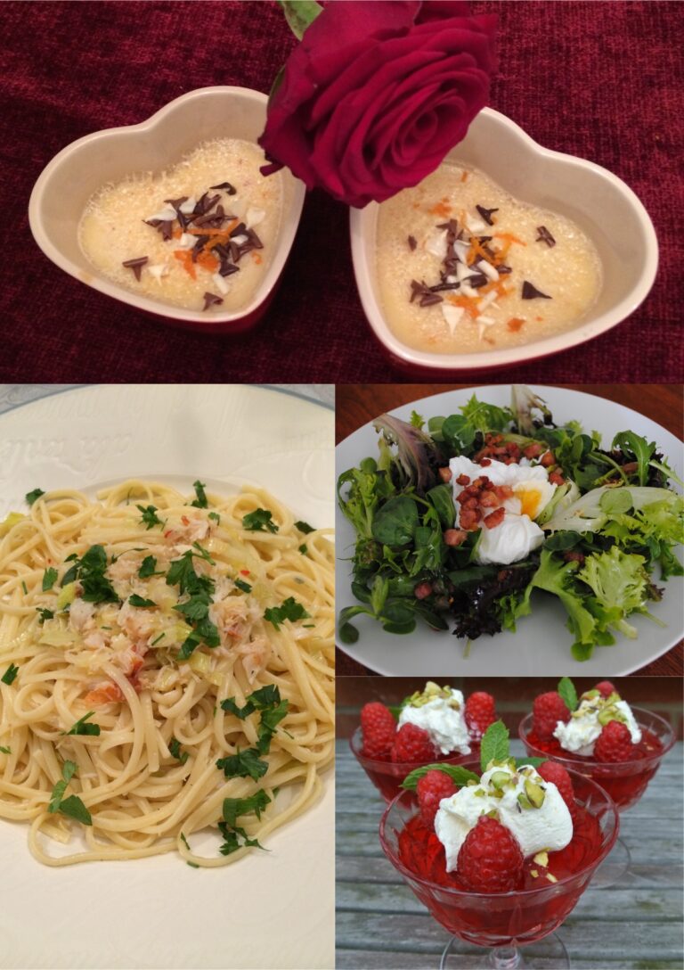 Valentine's Day Menus and Recipes post header image including photographs of a salad, crab pasta, and two desserts